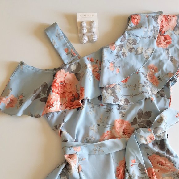 Women's Rose Floral Print Ruffle Hem Romper Short Sleeve Wide Leg Jumpsuit - Picture 10 of 13